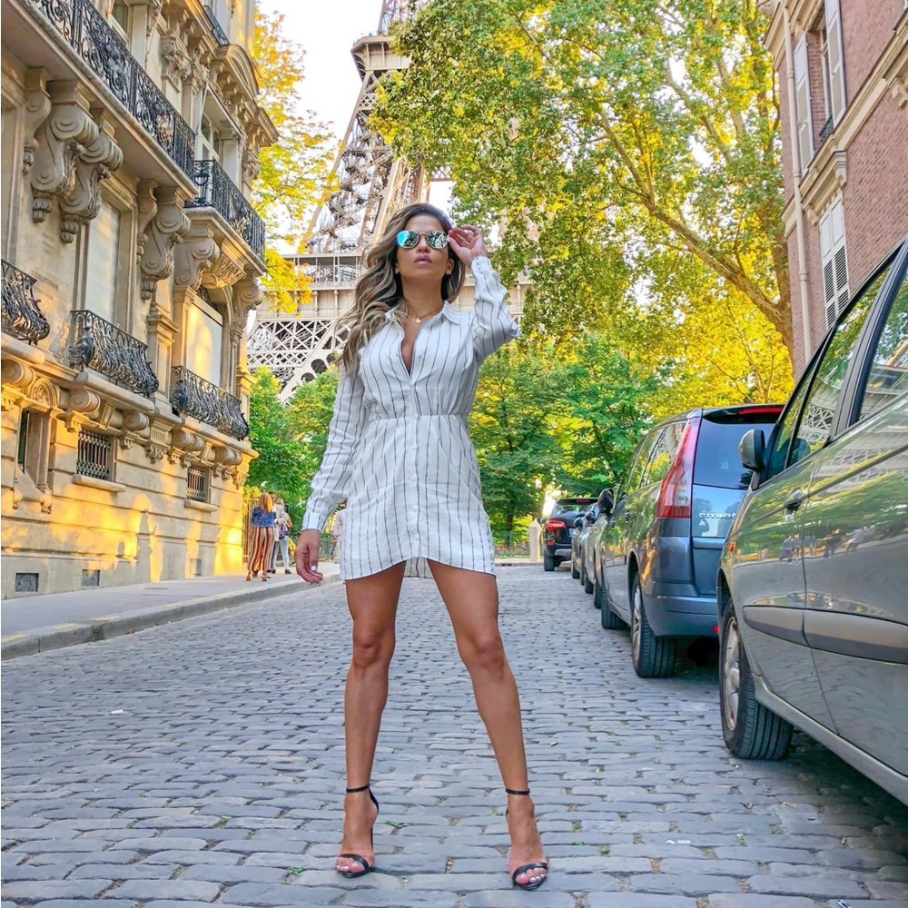 L’Academie, Revolve, Mini Dress, Long Sleeves, Stripes, button Down Dress.